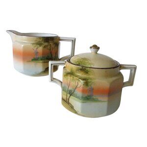 Vintage Nippon China Landscape Windmill Sugar Creamer Set Replacement Dinnerware